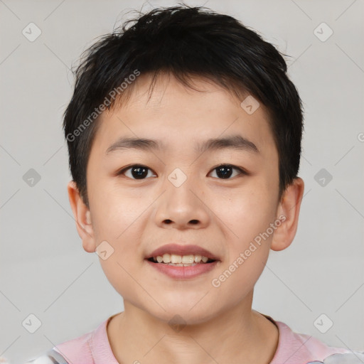 Joyful white child male with short  brown hair and brown eyes