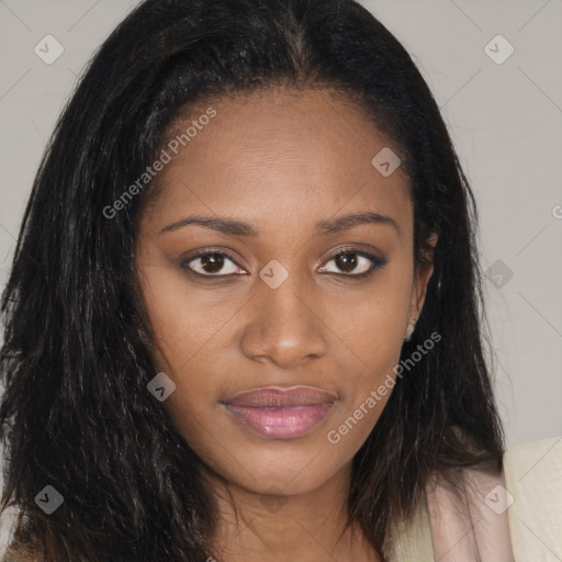 Joyful asian young-adult female with long  brown hair and brown eyes