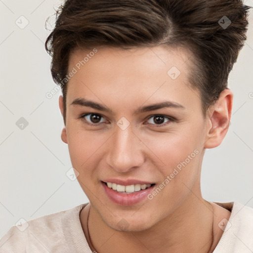 Joyful white young-adult female with short  brown hair and brown eyes