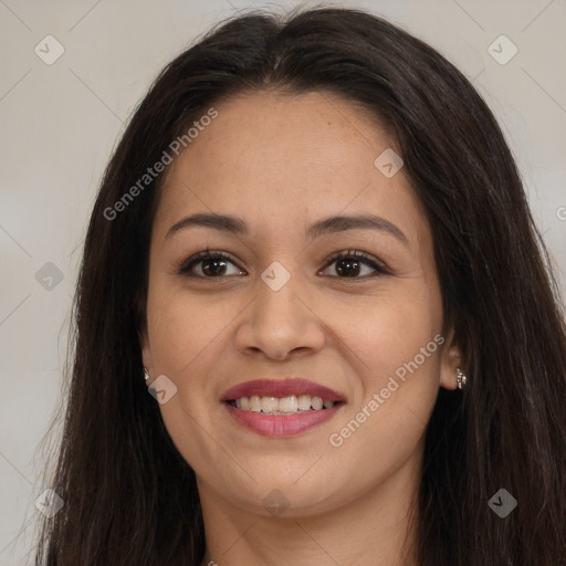 Joyful asian young-adult female with long  brown hair and brown eyes