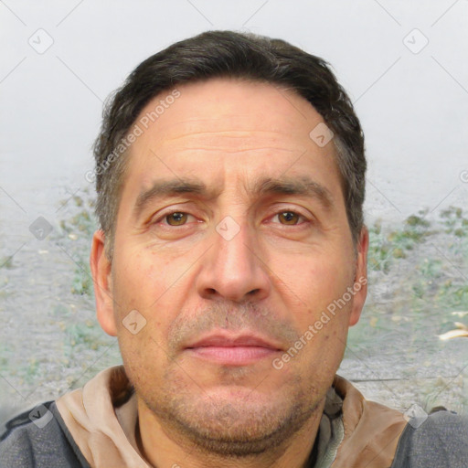 Neutral white adult male with short  brown hair and brown eyes