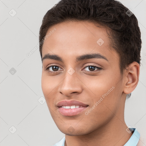 Joyful white young-adult female with short  brown hair and brown eyes