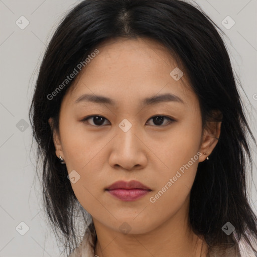 Neutral asian young-adult female with long  brown hair and brown eyes