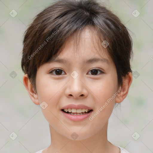 Joyful white child female with medium  brown hair and brown eyes