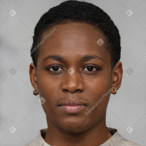 Neutral black young-adult female with short  black hair and brown eyes