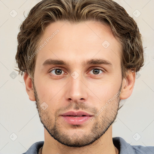 Neutral white young-adult male with short  brown hair and grey eyes