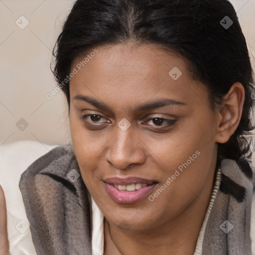 Joyful latino young-adult female with long  brown hair and brown eyes