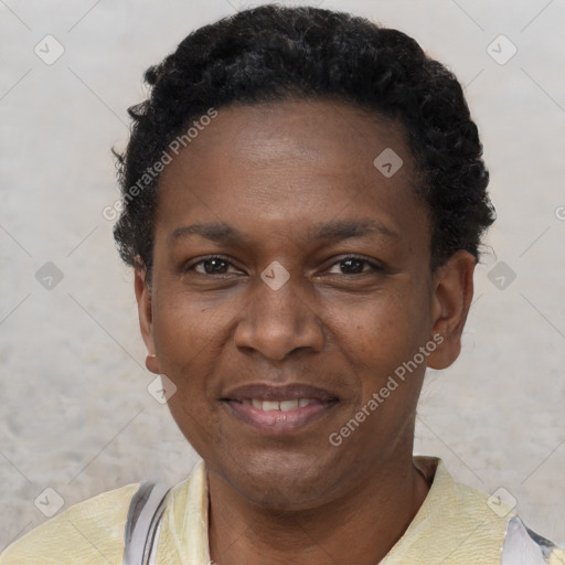 Joyful black adult female with short  black hair and brown eyes