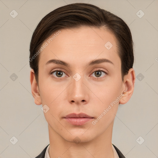 Neutral white young-adult female with short  brown hair and brown eyes