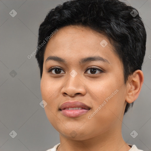 Joyful asian young-adult female with short  black hair and brown eyes