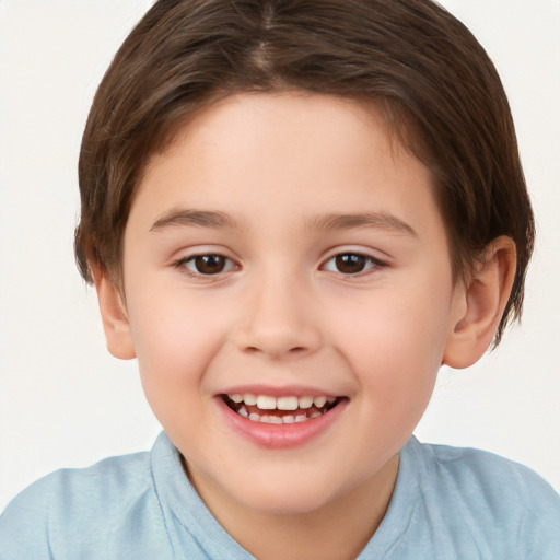 Joyful white child female with short  brown hair and brown eyes