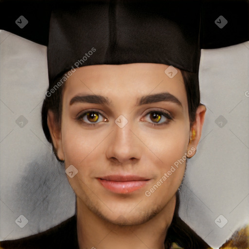 Joyful white young-adult female with short  black hair and brown eyes