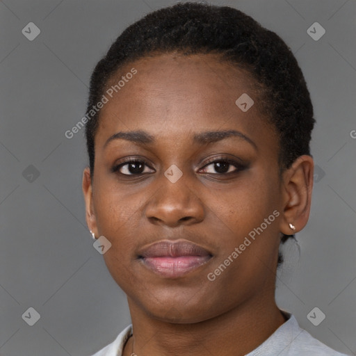 Neutral black young-adult female with short  brown hair and brown eyes