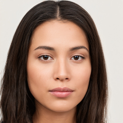 Neutral asian young-adult female with long  brown hair and brown eyes