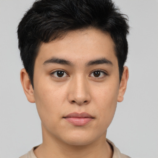 Neutral latino young-adult male with short  brown hair and brown eyes