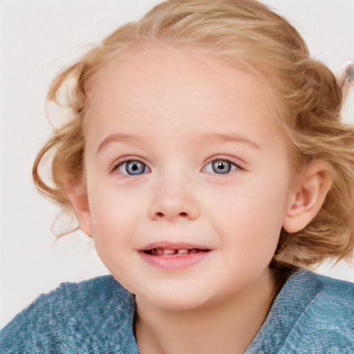 Joyful white child female with medium  brown hair and blue eyes