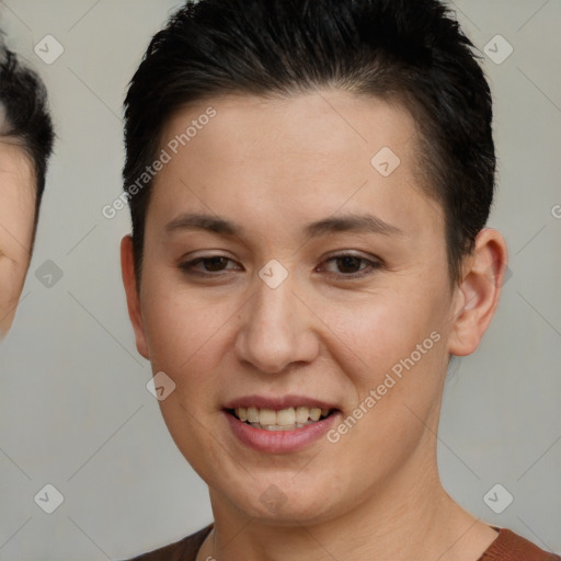 Joyful white young-adult female with short  brown hair and brown eyes