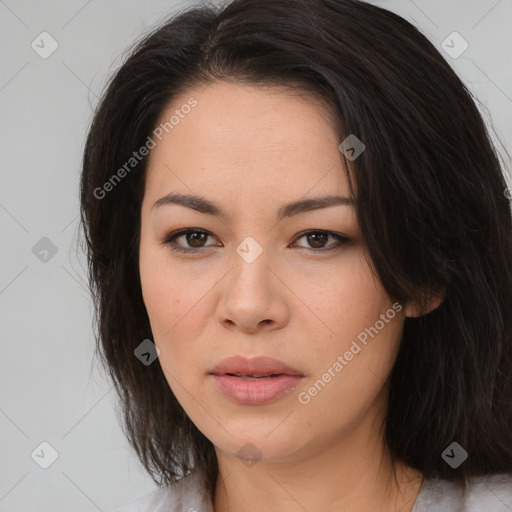 Neutral white young-adult female with long  black hair and brown eyes