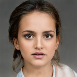 Neutral white young-adult female with medium  brown hair and brown eyes