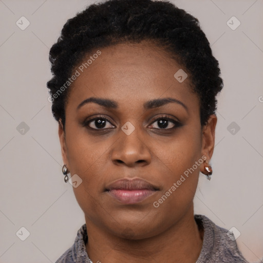 Neutral black young-adult female with short  black hair and brown eyes