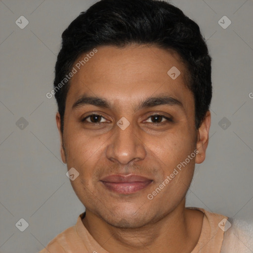 Joyful latino young-adult male with short  black hair and brown eyes