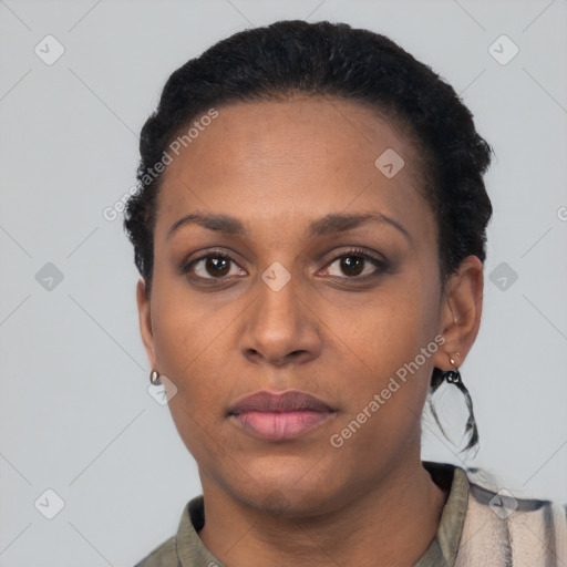 Neutral black young-adult female with short  black hair and brown eyes