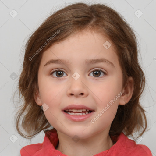 Joyful white child female with medium  brown hair and brown eyes