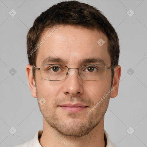 Joyful white adult male with short  brown hair and brown eyes