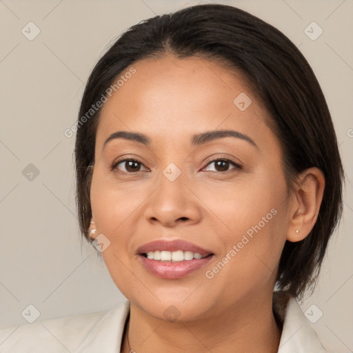 Joyful white young-adult female with medium  brown hair and brown eyes