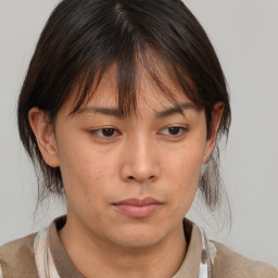 Neutral asian young-adult female with medium  brown hair and brown eyes