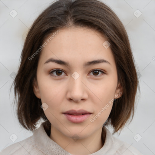 Neutral white young-adult female with medium  brown hair and brown eyes