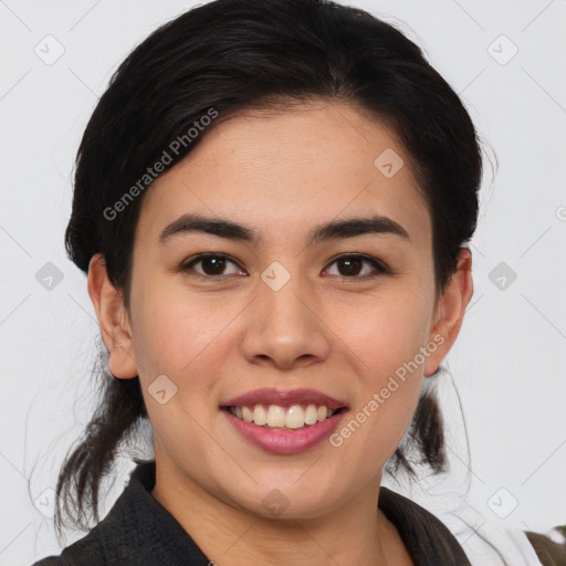 Joyful asian young-adult female with medium  brown hair and brown eyes