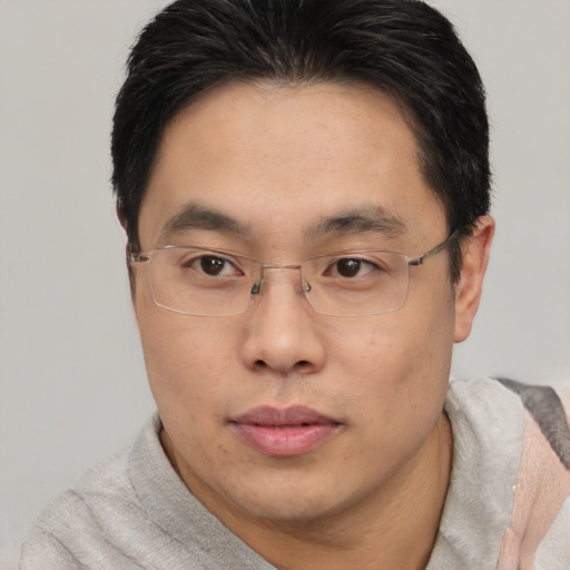 Neutral asian adult male with short  black hair and brown eyes