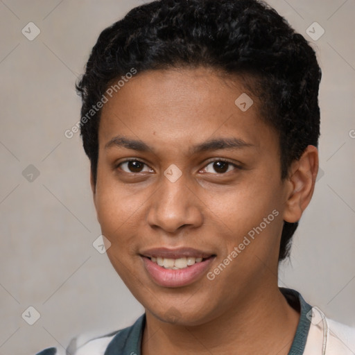 Joyful latino young-adult female with short  brown hair and brown eyes