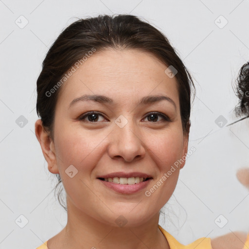 Joyful white young-adult female with medium  brown hair and brown eyes