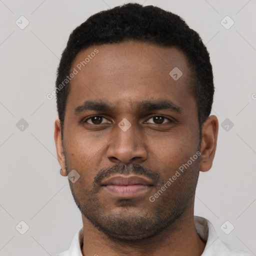 Neutral black young-adult male with short  black hair and brown eyes