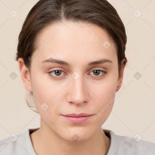 Neutral white young-adult female with medium  brown hair and brown eyes