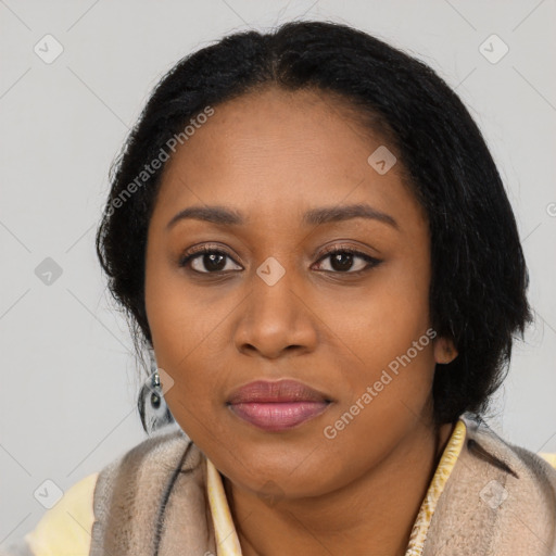 Joyful latino young-adult female with long  black hair and brown eyes