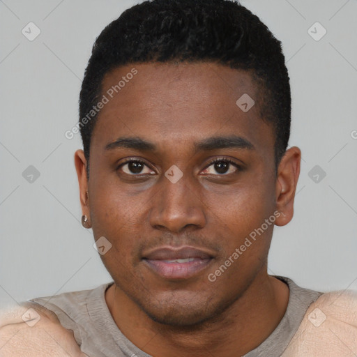 Neutral black young-adult male with short  black hair and brown eyes