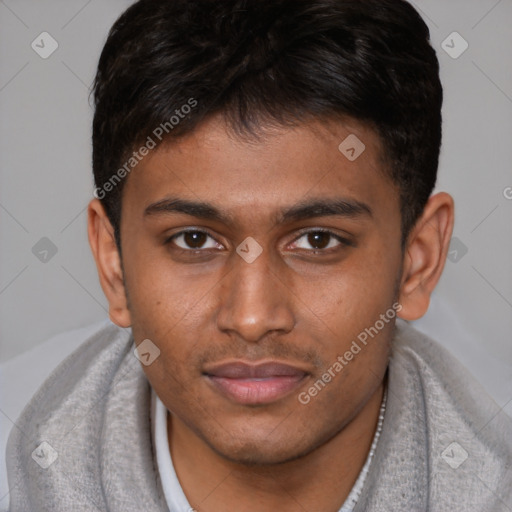 Joyful latino young-adult male with short  brown hair and brown eyes