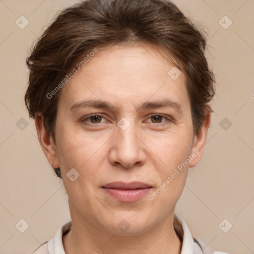 Joyful white adult female with short  brown hair and brown eyes