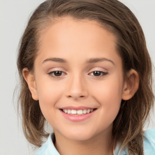 Joyful white child female with medium  brown hair and brown eyes