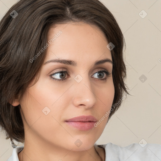 Neutral white young-adult female with medium  brown hair and brown eyes