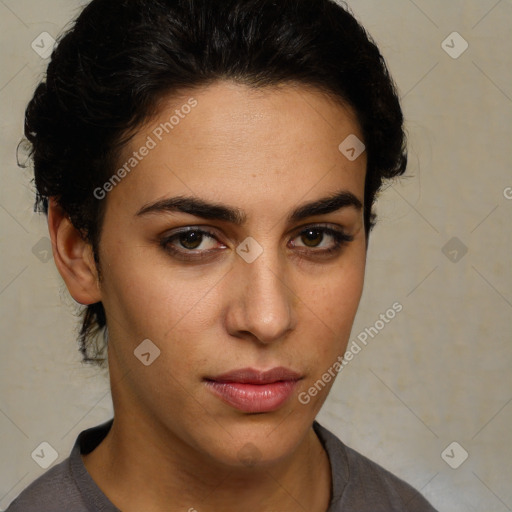 Neutral white young-adult female with short  brown hair and brown eyes