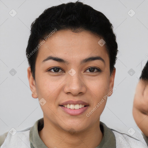 Joyful asian young-adult female with short  brown hair and brown eyes