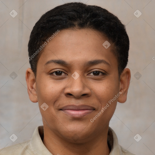 Joyful latino young-adult female with short  brown hair and brown eyes