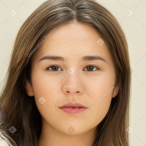 Neutral white young-adult female with long  brown hair and brown eyes