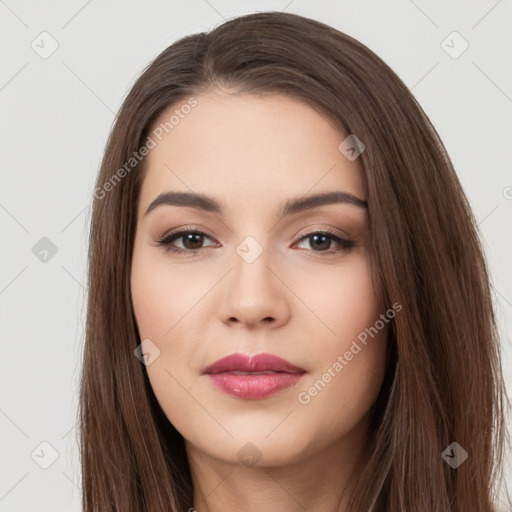 Neutral white young-adult female with long  brown hair and brown eyes