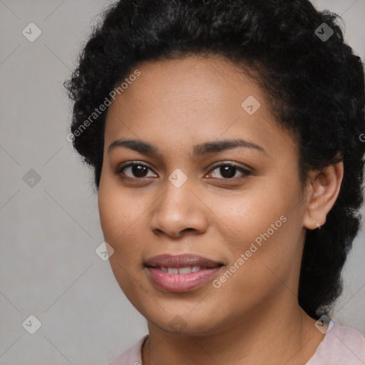 Joyful latino young-adult female with short  black hair and brown eyes