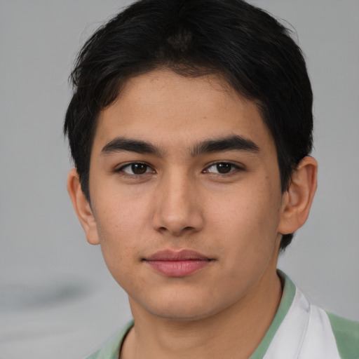 Neutral asian young-adult male with short  brown hair and brown eyes